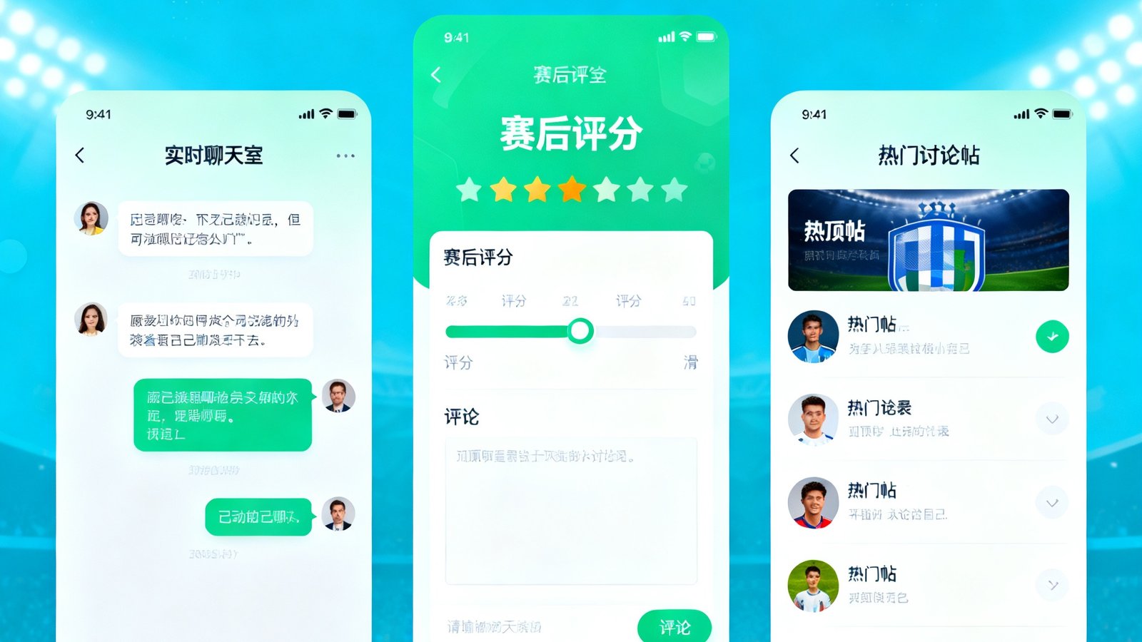 世界杯球迷社区页面，包含实时聊天室、赛后评分和热门讨论帖